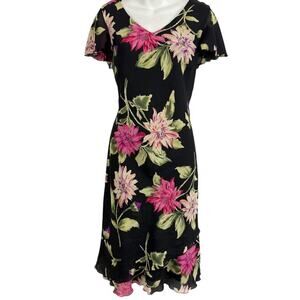 Dress Barn Dressbarn Womens Black Pink V-Neck Bias Cut Dress Flutter Sleeve 12